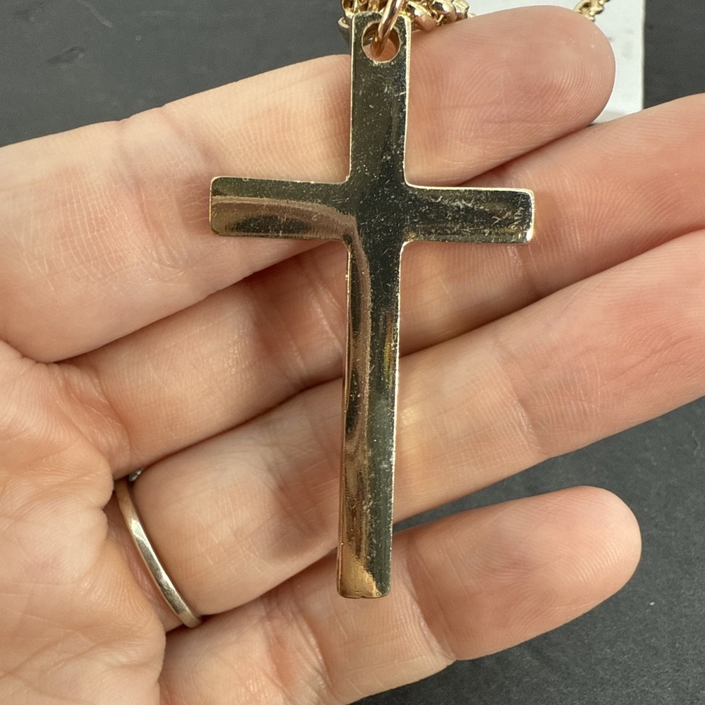Gold Tone Cross Necklace 15" Front Clip Chain Chunky Link Christian - Picture 3 of 10